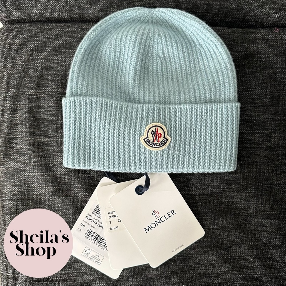 NWT Moncler Berretto Tricot Logo-Patch Beanie Wool & Cashmere Blend Hat Blue - Picture 2 of 5